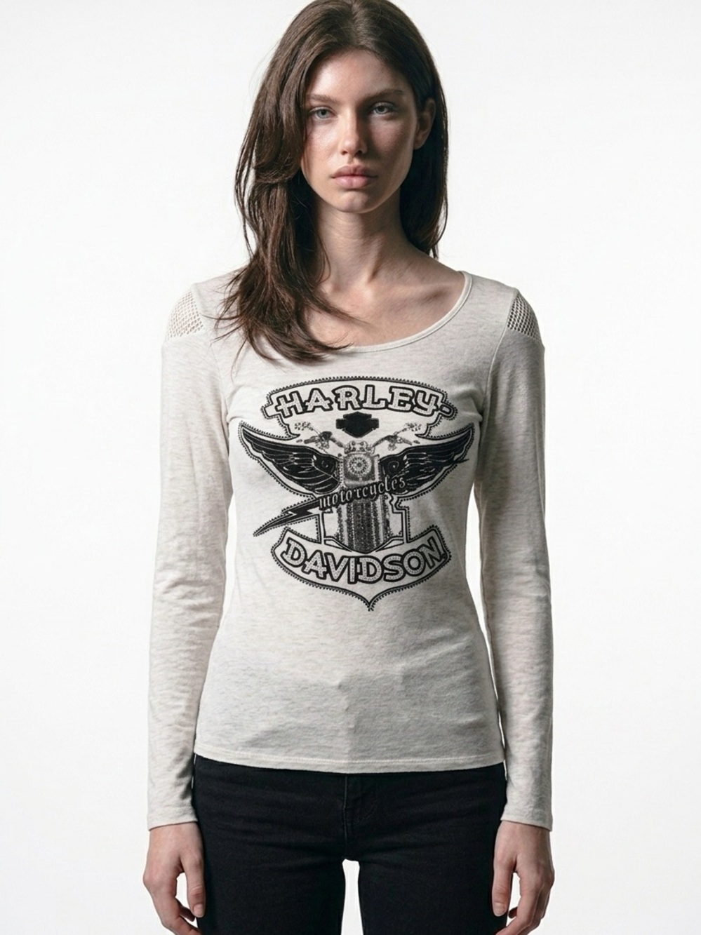 HARLEY-DAVIDSON | Embellished Cream Long Sleeve Top Women’s Size Small